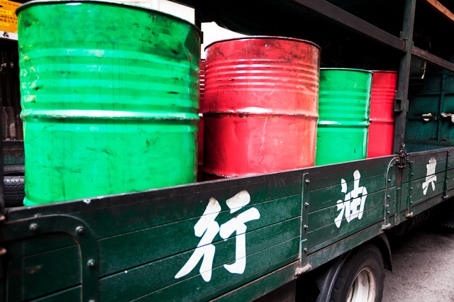 even oil drums are red and green
