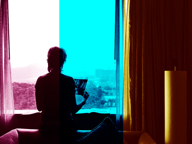 magenta, cyan and yellow - checking colour in our hotel room