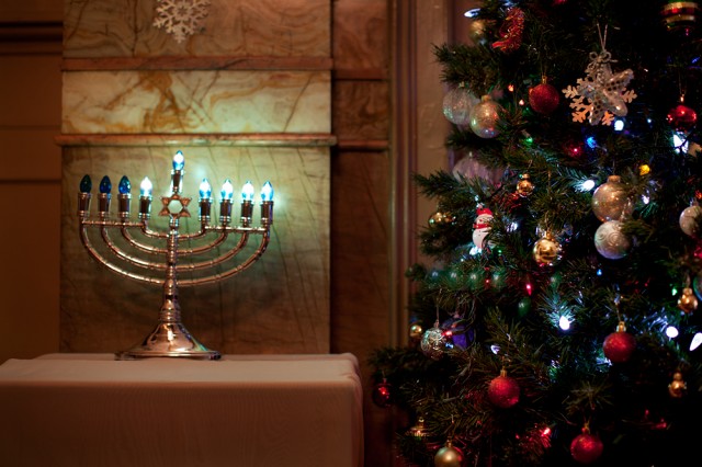 side by side - the Menorah and the Christmas tree
